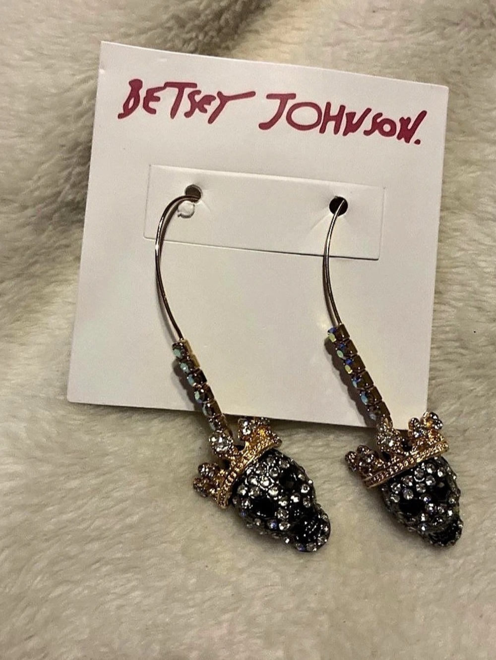 Betsey Johnson Pave Skull Long Drop Earrings Black & Gold NWT